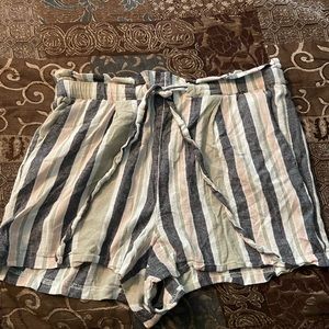 Express Shortie Extreme High Rise Belted Tie Front Cuff Hem Linen Striped Shorts